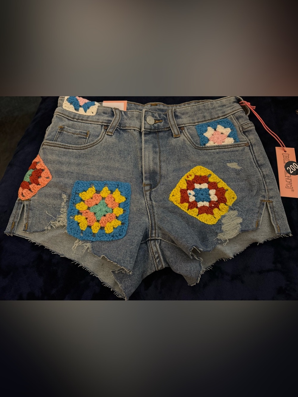 Kids Blank NYC Blue Denim Shorts with Multicolor Crochet Patches